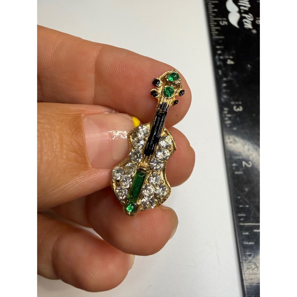 Gold Tone Rhinestone Violin Brooch Green Crystal Musical Instrument Pin